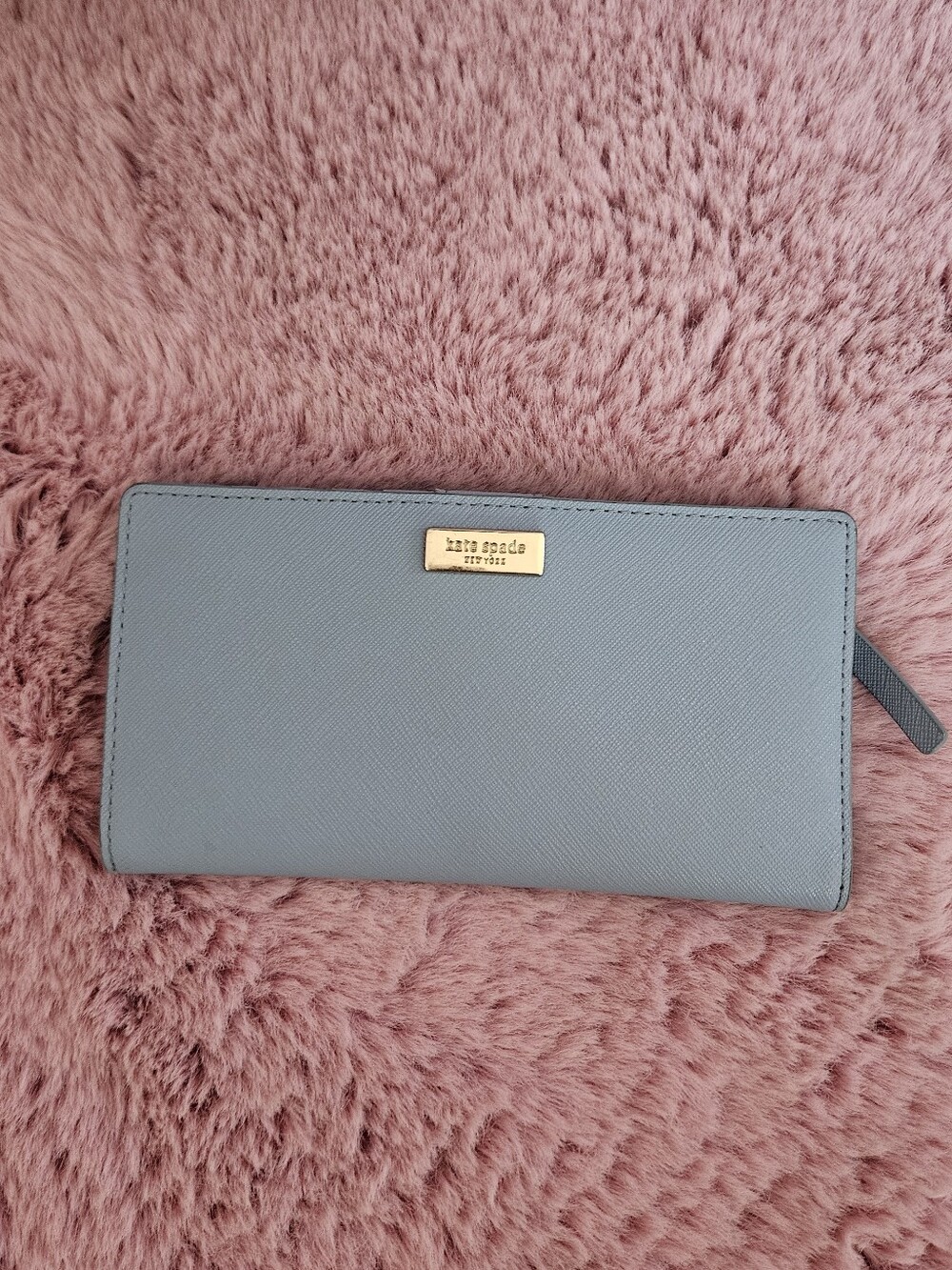 kate spade Dusty Blue Gray Saffiano Leather Long Wallet with Gold Plaque